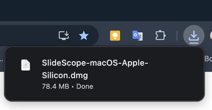 Browser downloads menu showing SlideScope-macOS-Apple-Silicon.dmg finished downloading.