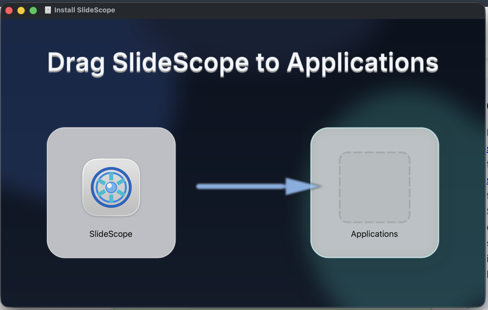 SlideScope DMG installer window showing the SlideScope app being dragged to Applications.