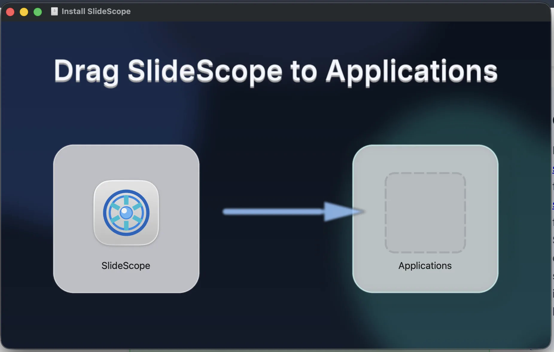 SlideScope DMG installer window showing the SlideScope app being dragged to Applications.
