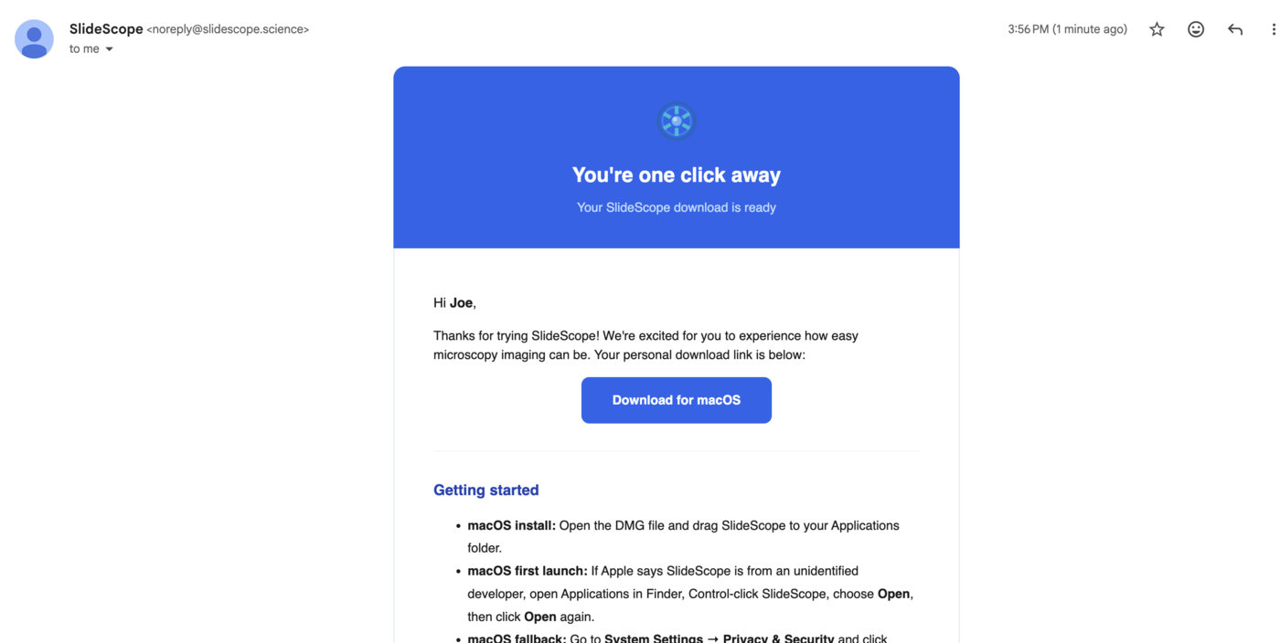 SlideScope email showing the Download for Mac button.