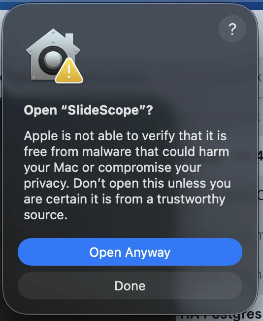 macOS confirmation dialog asking whether to open SlideScope anyway.
