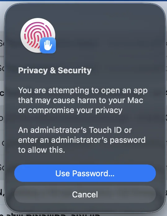 macOS Privacy and Security approval dialog asking for Touch ID or an administrator password.