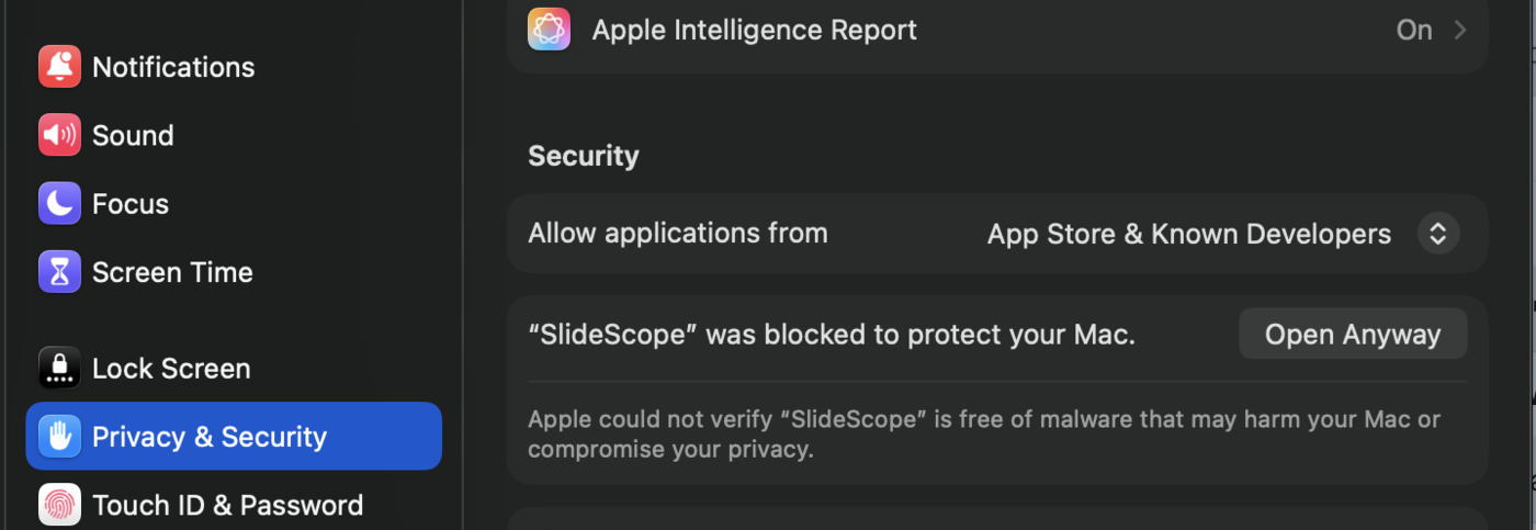 macOS Privacy and Security panel showing SlideScope blocked with an Open Anyway button.