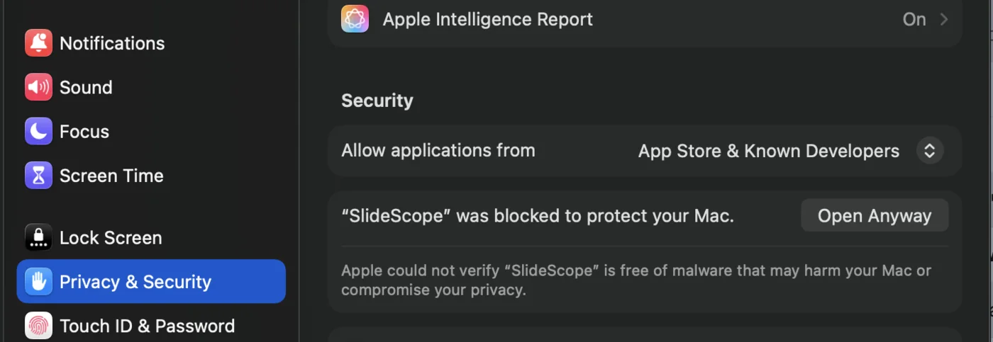 macOS Privacy and Security panel showing SlideScope blocked with an Open Anyway button.