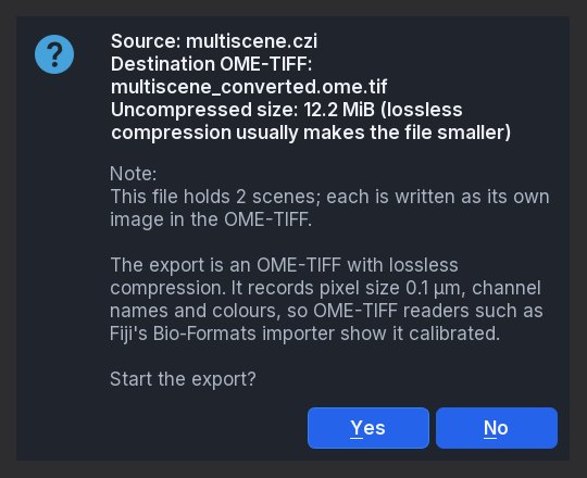 Export confirmation from XY Overview: the file holds 2 scenes and each is written as its own image in the OME-TIFF, at its own size, with lossless compression, each image’s own pixel size, channel names and colours.