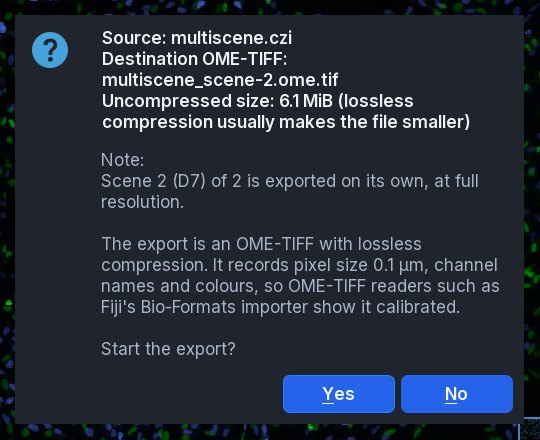 Export confirmation for scene 2 (D7): exported on its own at full resolution, as a lossless OME-TIFF recording a pixel size of 0.1 µm, channel names and colours.