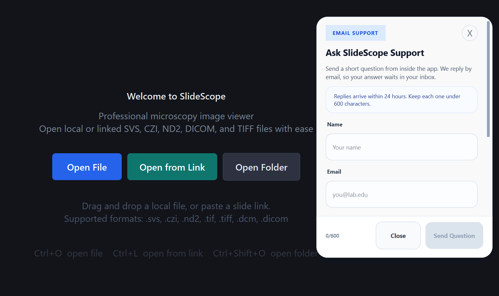 SlideScope showing the floating in-app support drawer with saved contact details and a short-question form.