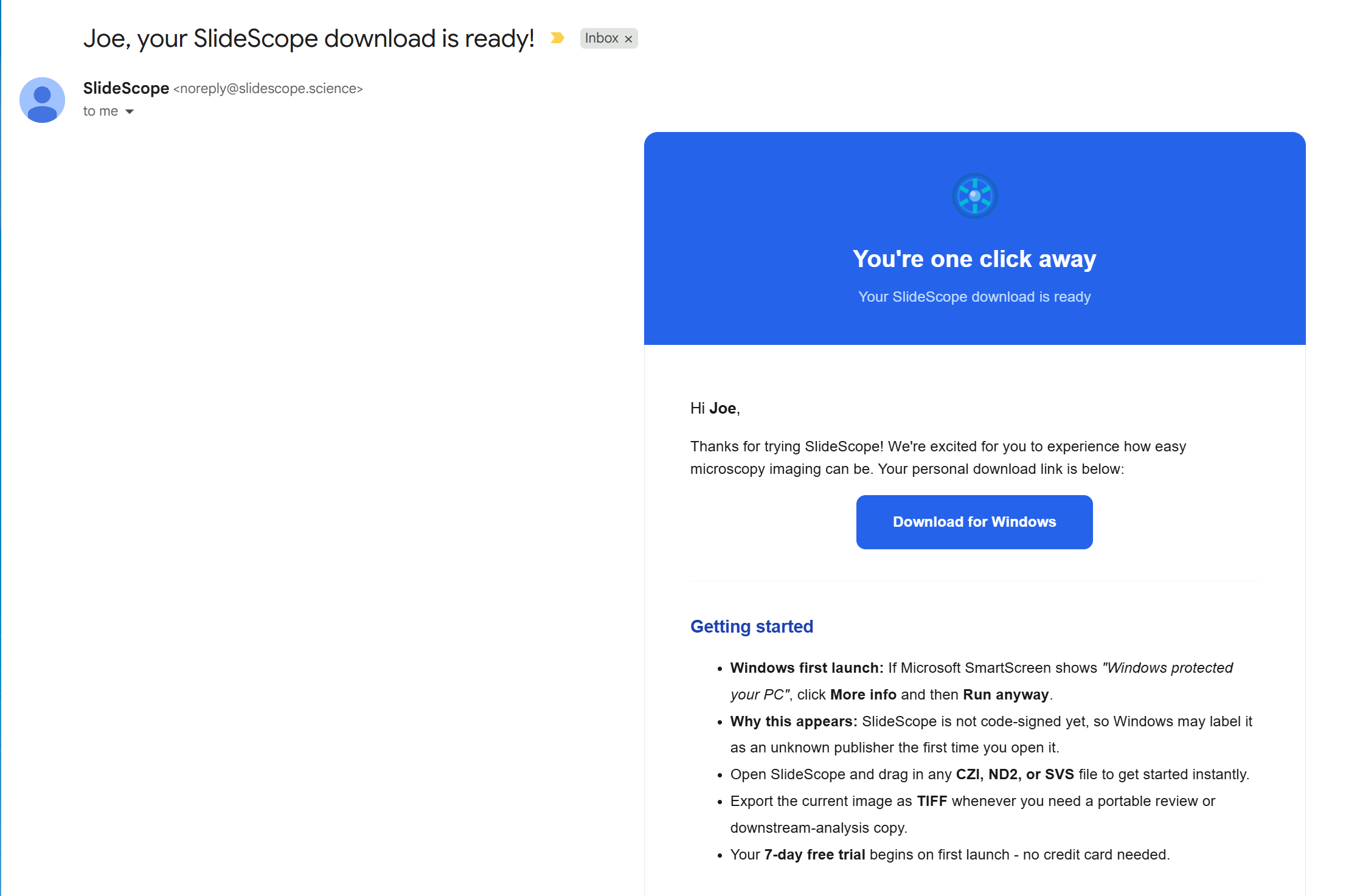SlideScope email with the Windows download button visible.