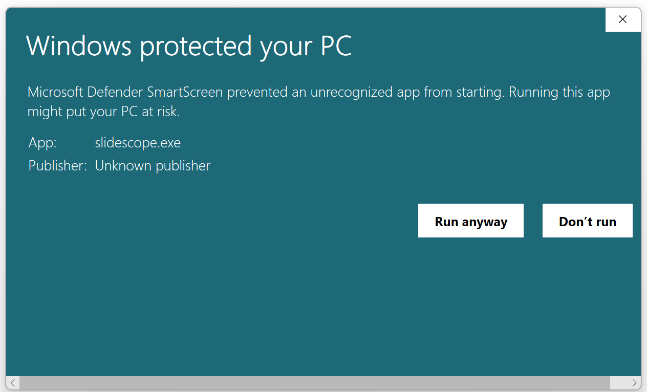 Windows SmartScreen dialog showing the Run anyway button for SlideScope.